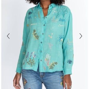 Johnny Was Sezane Oversized Shirt - Embroidered Teal Button-Up size Large